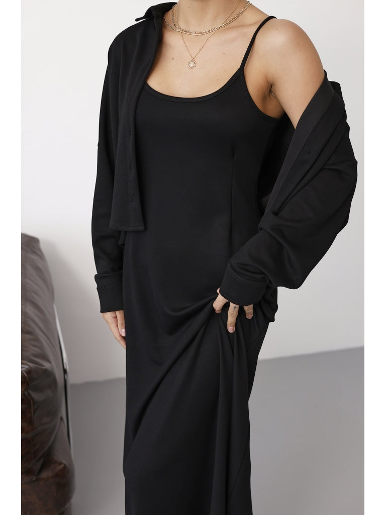 Siyah Gömlek Elbise Modal Takım 4103-Siyah