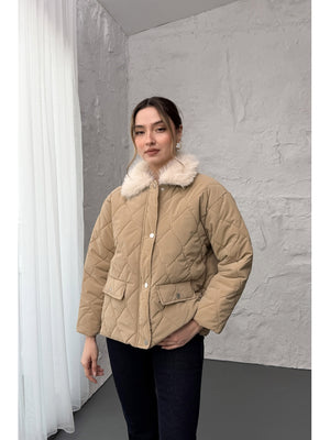 Vizon Yakası Kürklü Kapitone Mont 60559-Vizon