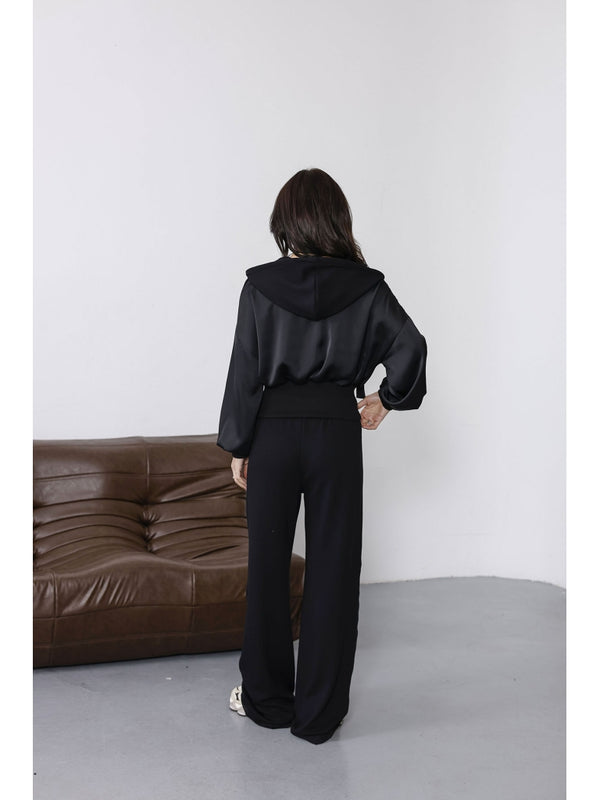 Siyah Saten Detaylı Fermuarlı Takım 2101-Siyah