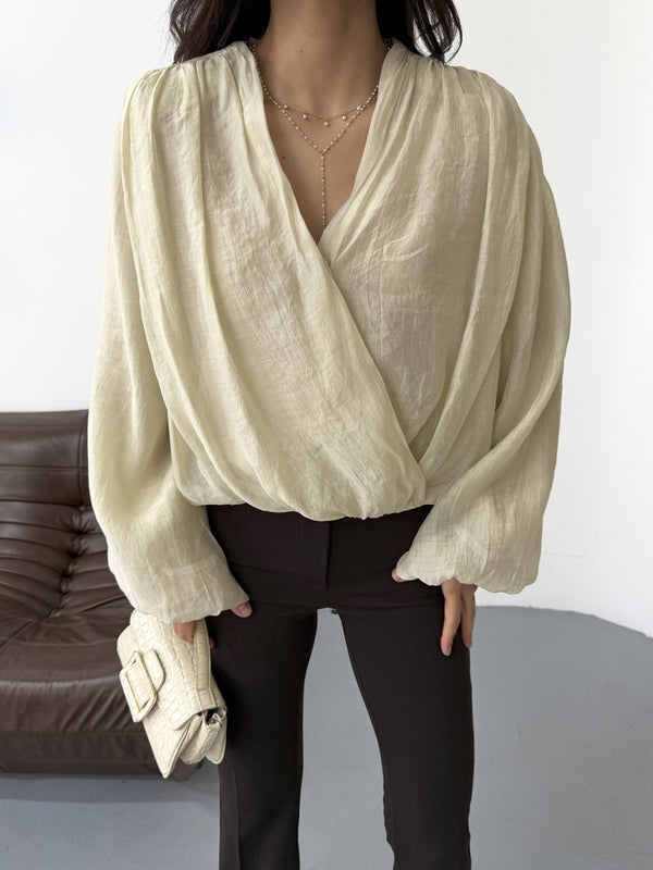 Taş Kruvaze Vatkalı Tencel Bluz 5048-TAŞ