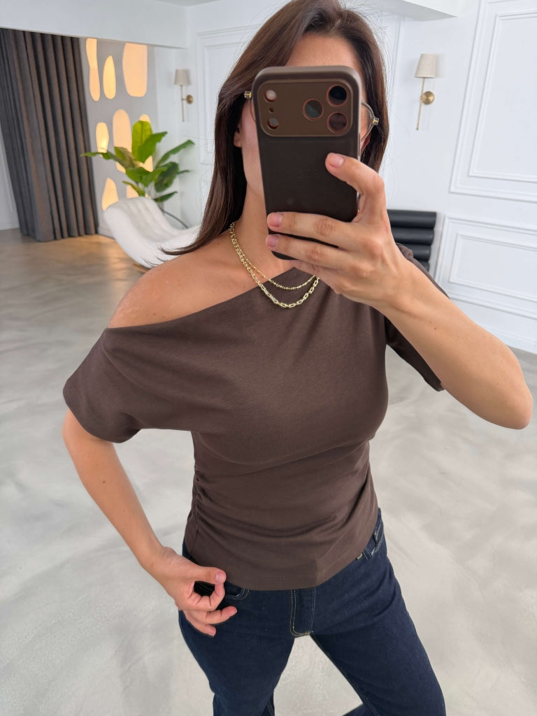 Kahve Tek Omuz Bel Büzgülü Bluz 0840-Kahve