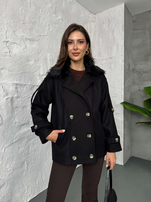 Siyah Yakası Kürklü Premium Kaşe Kaban 70100-Siyah