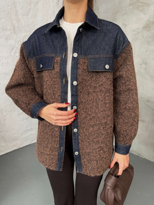 Kahverengi Denim Garnili Buklet Ceket 240269-Kahve