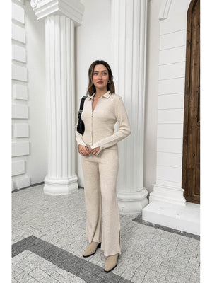 Taş Çift Fermuarlı Fitilli Triko Takım 0103-Taş