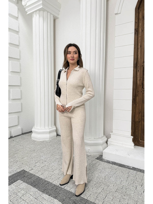Taş Çift Fermuarlı Fitilli Triko Takım 0103-Taş