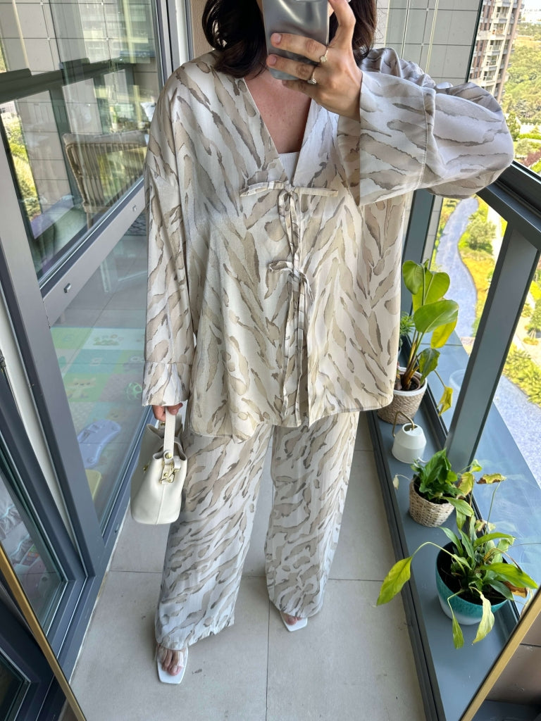 Taş Desenli Saten Kimono Takım