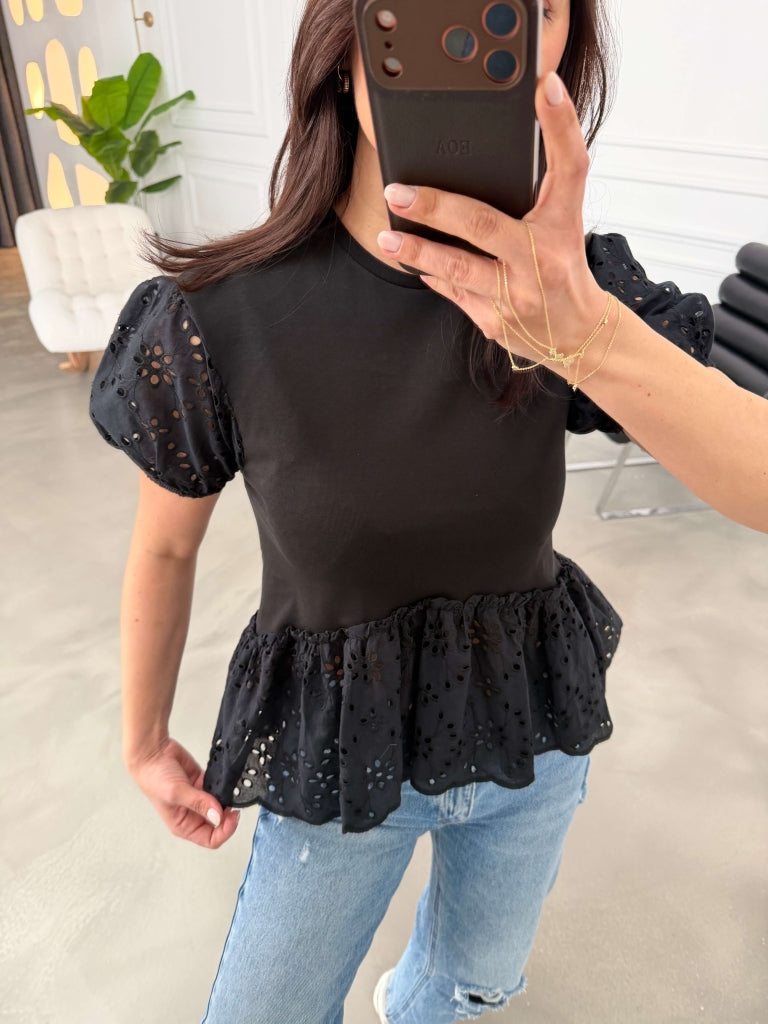 Siyah Karpuz Kol Fistolu Tshirt EY3263-Siyah