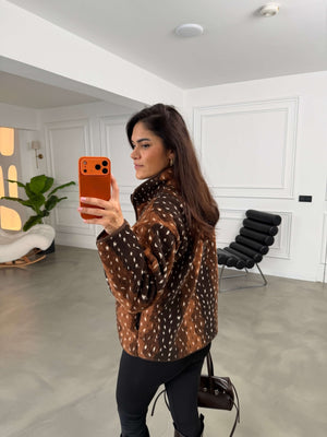 Kahverengi Bambi Ön Fermuarlı Peluş Sweat 23313-Kahverengi