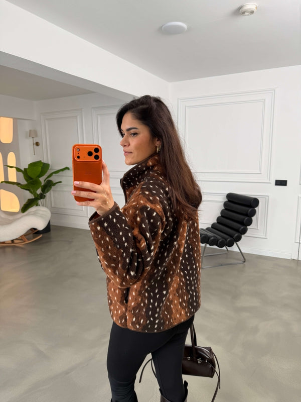 Kahverengi Bambi Ön Fermuarlı Peluş Sweat 23313-Kahverengi