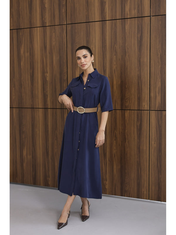 Lacivert Cep Detaylı Kısa Kol Elbise 8124-Lacivert