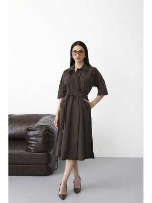 Kahverengi Önden Fermuarlı Kuşaklı Elbise 0049-Kahverengi