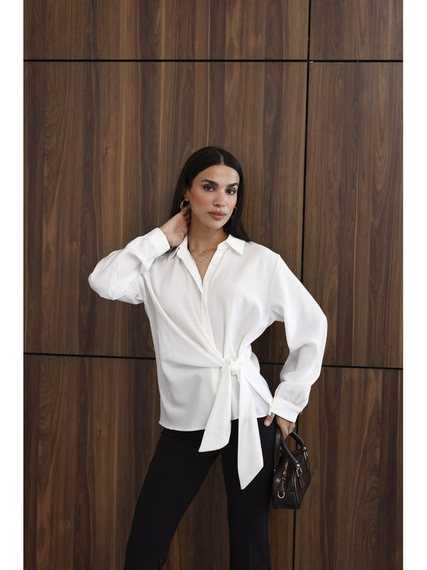 Beyaz Yan Bağlamalı Tencel Gömlek 0897-Beyaz
