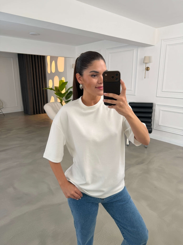 Ekru Kırmızı Sırtı Kalp Dekolteli Tshirt 1113-Ekru Krımızı