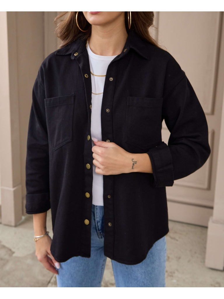 Siyah Çıtçıtlı Gabardin Gömlek