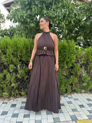 Kahverengi Halter Yaka Gold Detaylı Takım