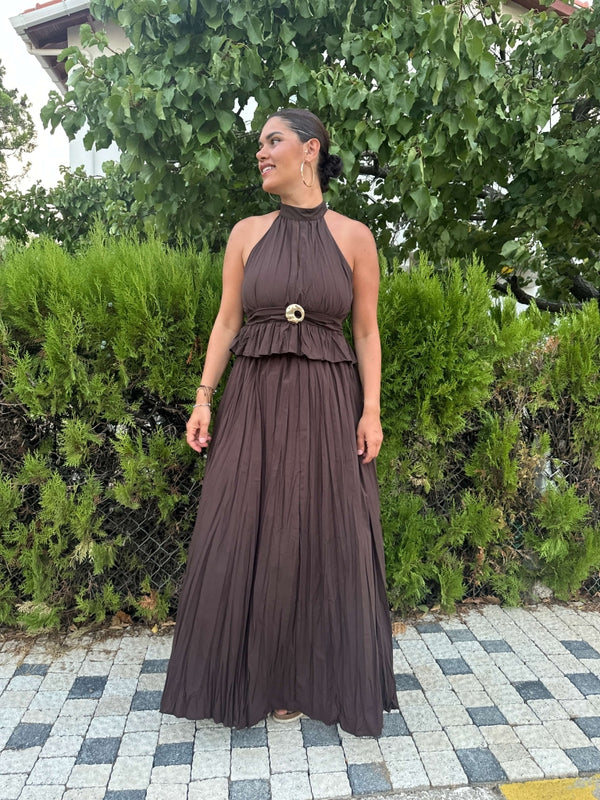 Kahverengi Halter Yaka Gold Detaylı Takım