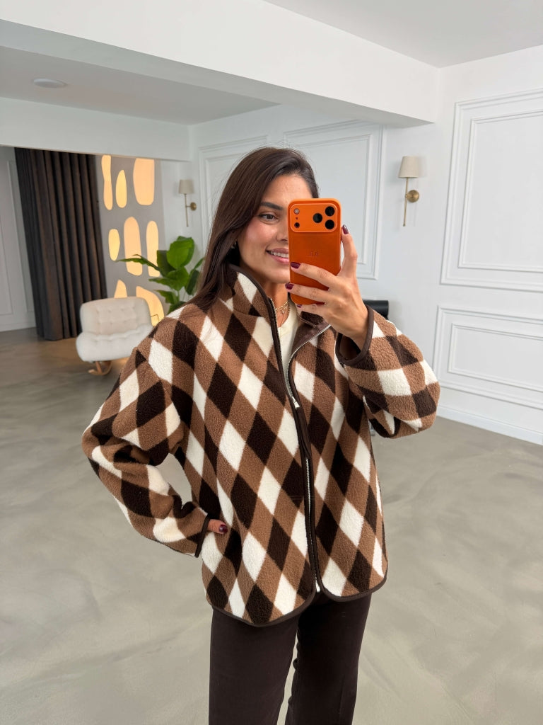 Kahverengi Baklava Desenli Ön Fermuarlı Peluş Sweat 4219-Kahverengi
