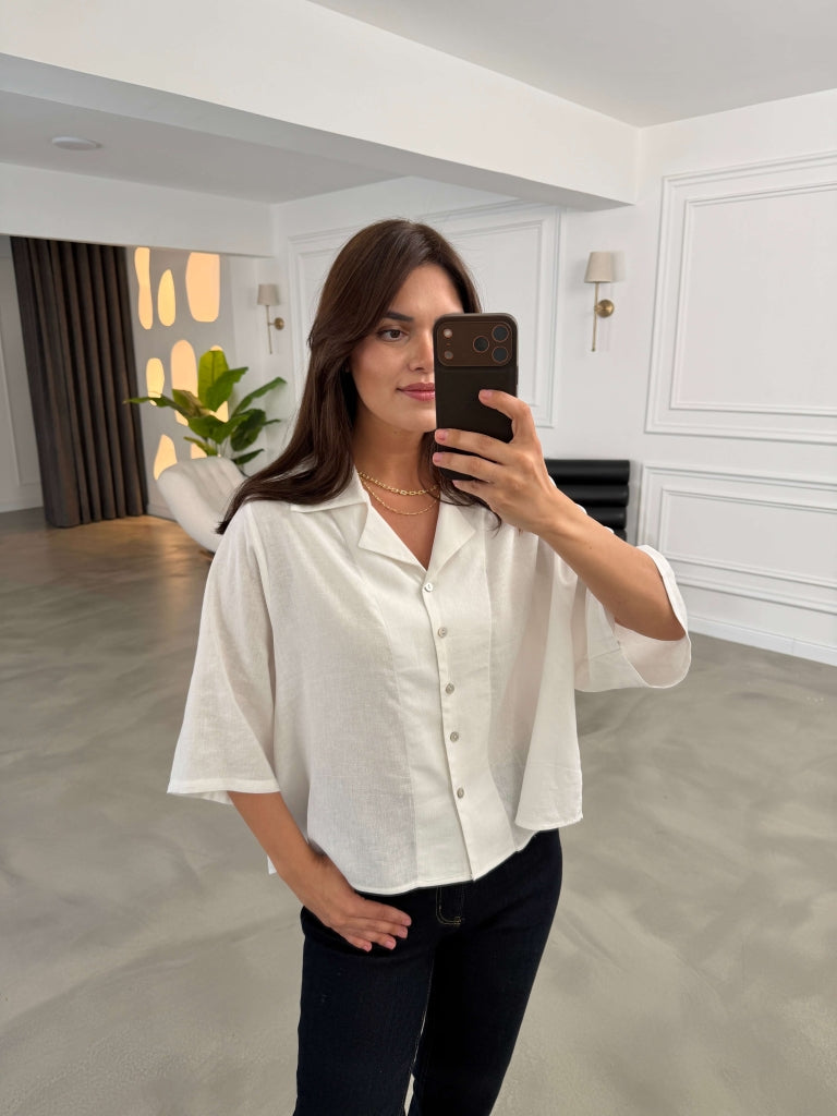 Beyaz Oversize Keten Gömlek 4982-Beyaz