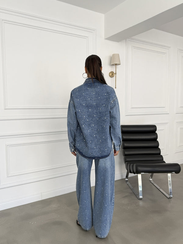 Mavi Serpme Taş Baskılı Denim Gömlek EY0002-Mavi