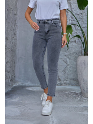 Antrasit Yıkamalı Likralı Mom Jean