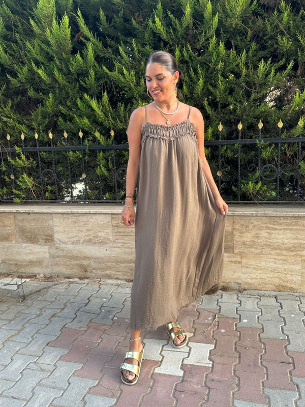 Kahverengi İp Askılı Keten Elbise