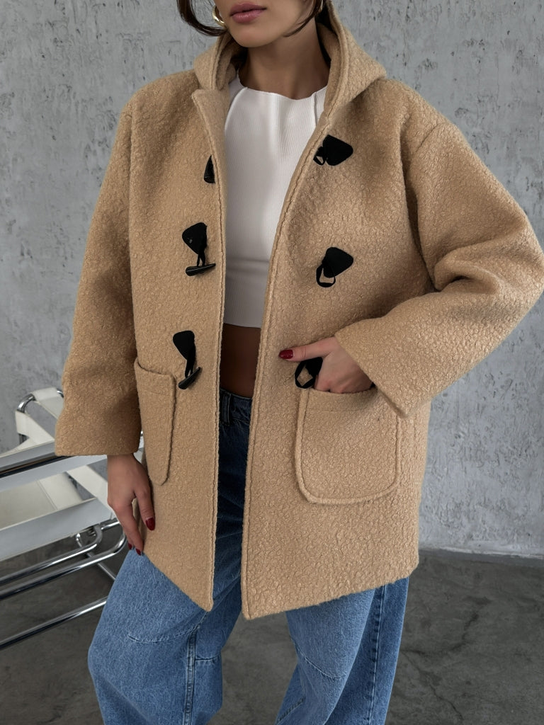 Camel Kapşonlu Düğme Detaylı Teddy Kaban