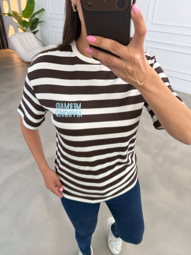 Kahve Nakış Yazılı Çizgili Tshirt 10868-Kahve