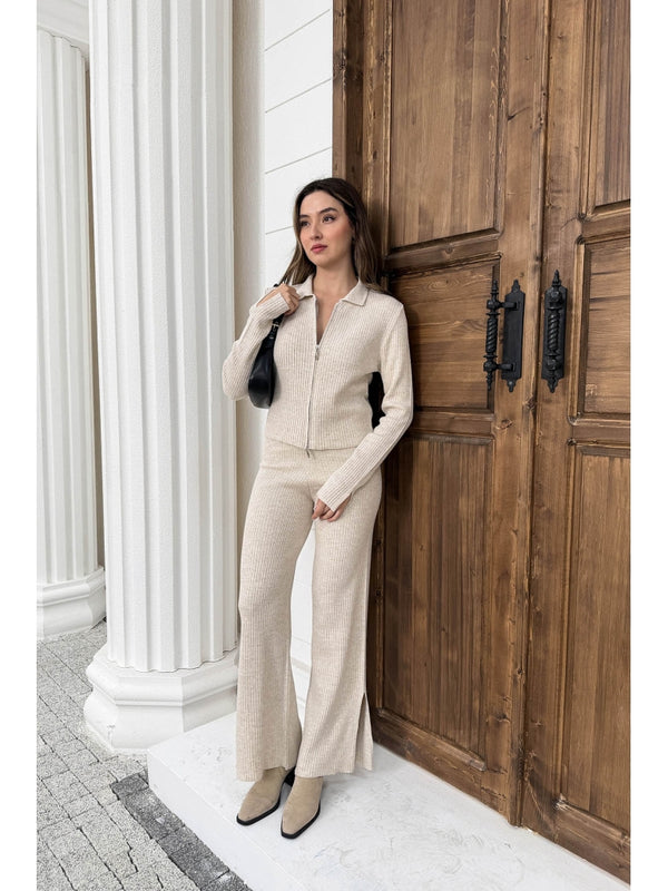 Taş Çift Fermuarlı Fitilli Triko Takım 0103-Taş