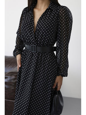 Siyah Puantiyeli Kemerli  Elbise 70295-SİYAH
