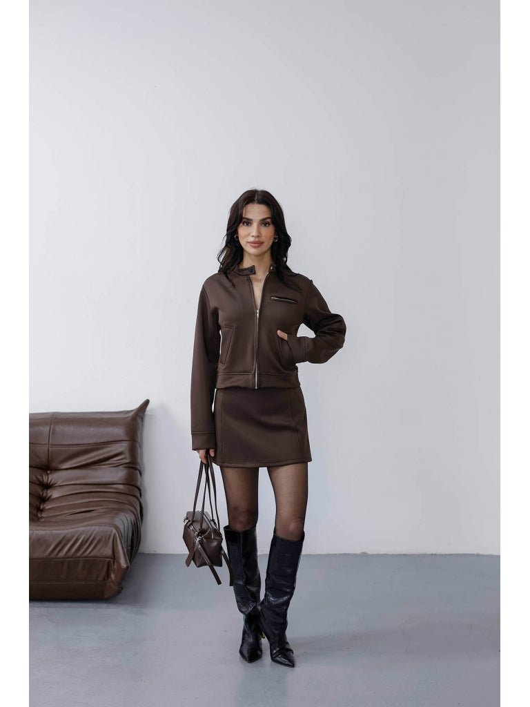Kahverengi Scuba Cep Detaylı Etek Takım 0126-Kahverengi