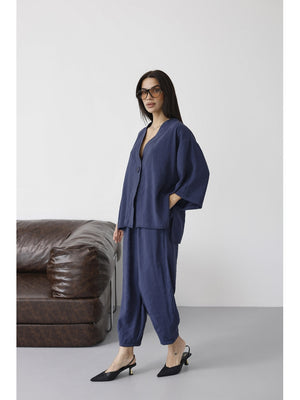 Lacivert Tek Düğmeli Bluz Pantolon Takım 51189-Lacivert