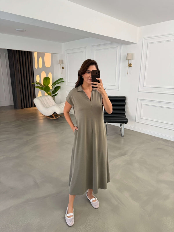 Haki Polo Yaka Biyeli Modal Elbise 2393-Haki