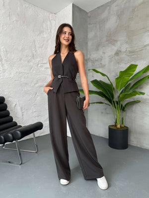 Kahve Kemerli Premium Yelek Pantolon Takım