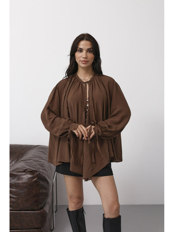 Kahverengi Yakası Fularlı Salaş Gömlek 4988-Kahverengi