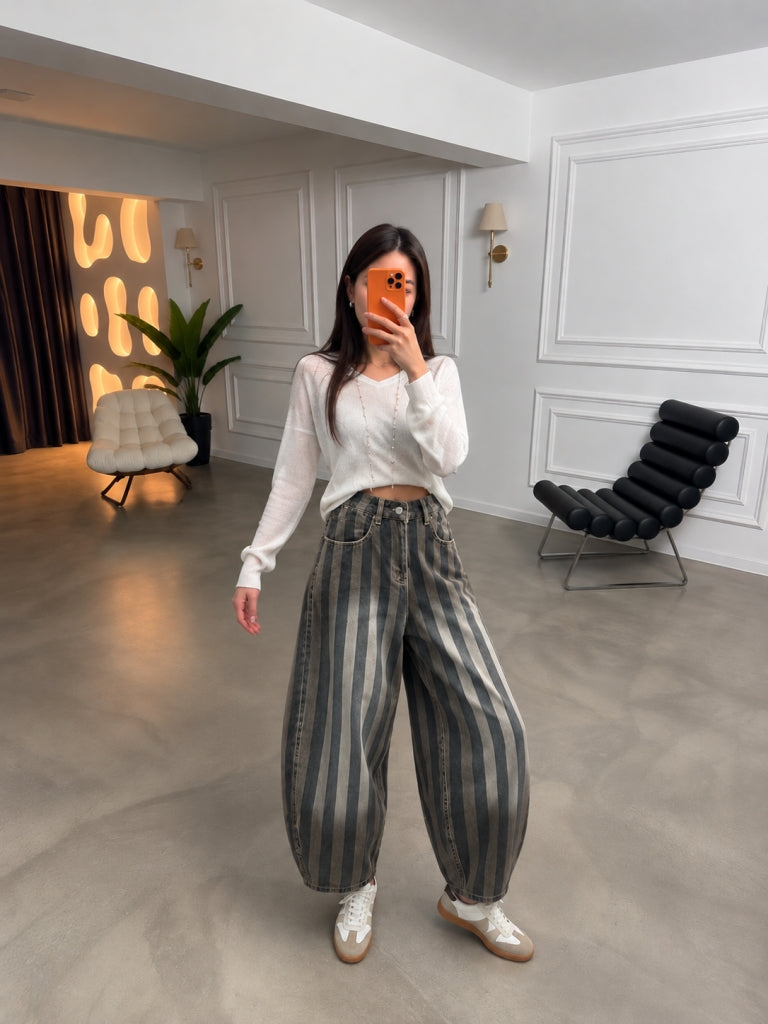 Olive Çizgili Balon Jean 0111-Olive