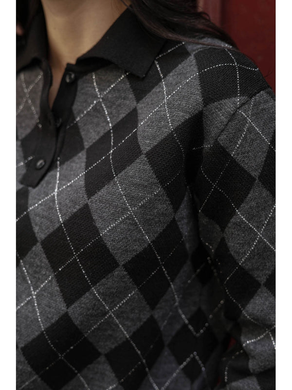 Siyah Sim Detaylı Atkılı Triko Kazak 2620-Siyah