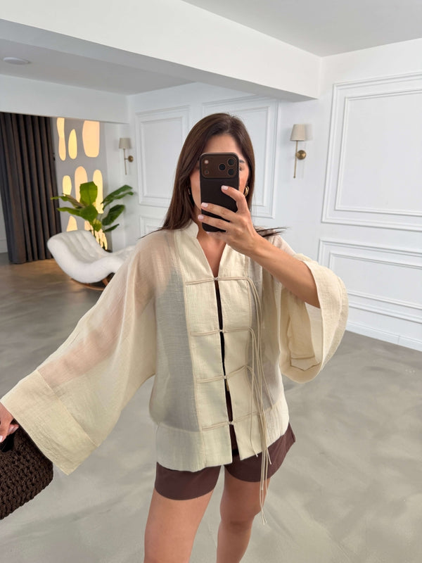 Taş İp Bağcıklı Tencel Gömlek 5098-Taş