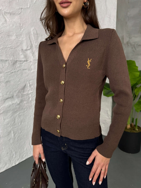 Kahverengi Gold Düğmeli Polo Yaka Hırka EM-001-Kahverengi