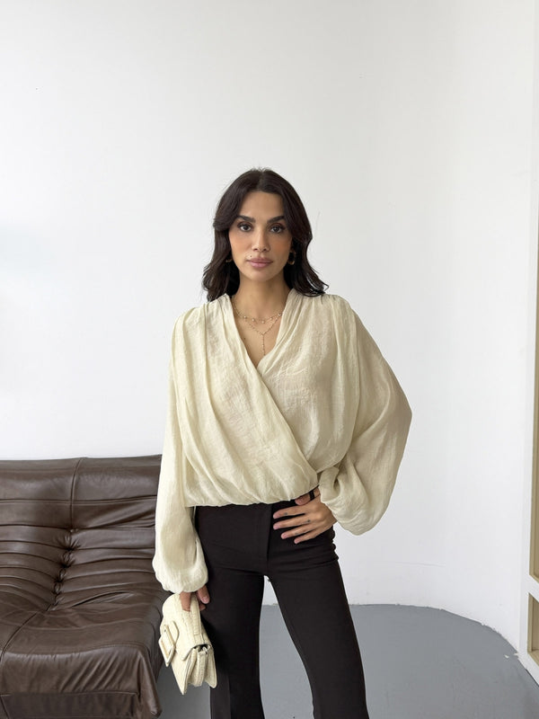 Taş Kruvaze Vatkalı Tencel Bluz 5048-TAŞ