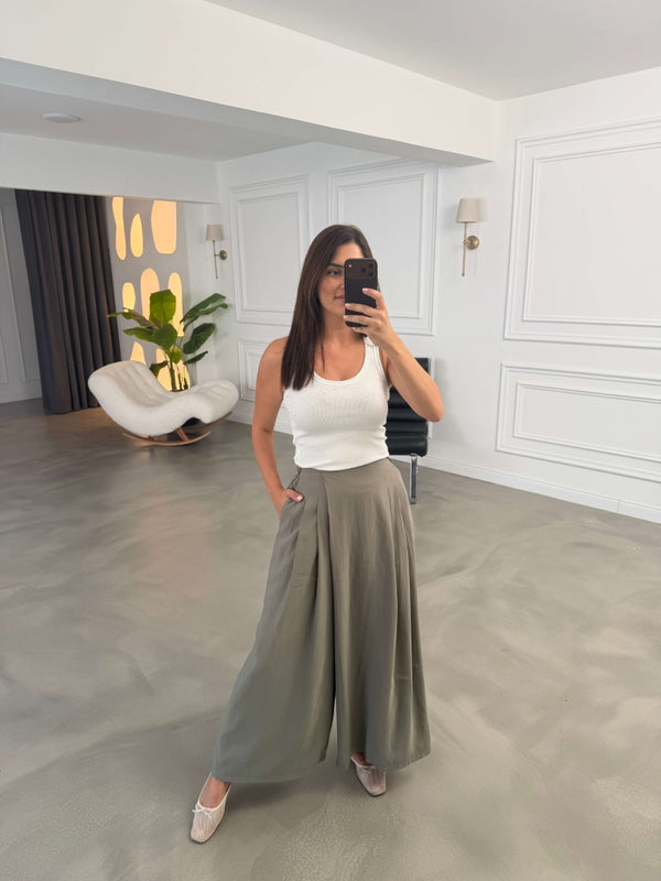Haki Beli Pilili Tencel Pantolon 51204-Haki
