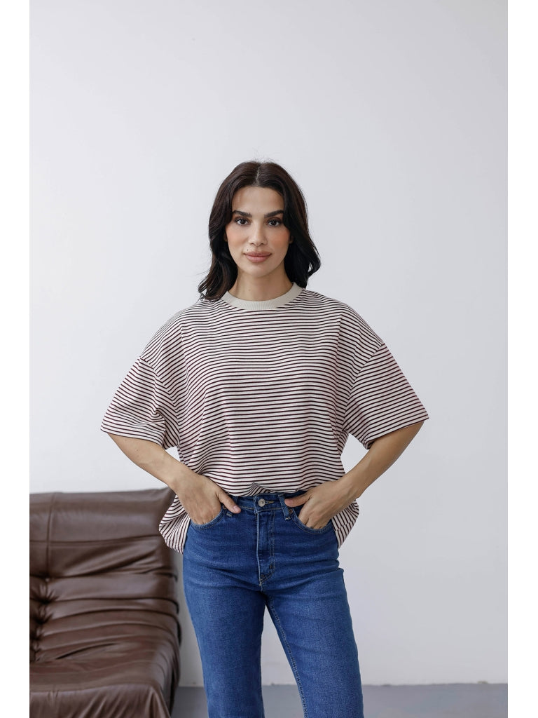 Bordo Çizgili Orj Marka Oversize Tshirt 6274-Bordo