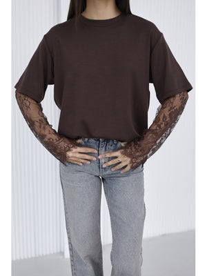 Kahverengi Güpür Kollu Bluz EY0302-Kahverengi