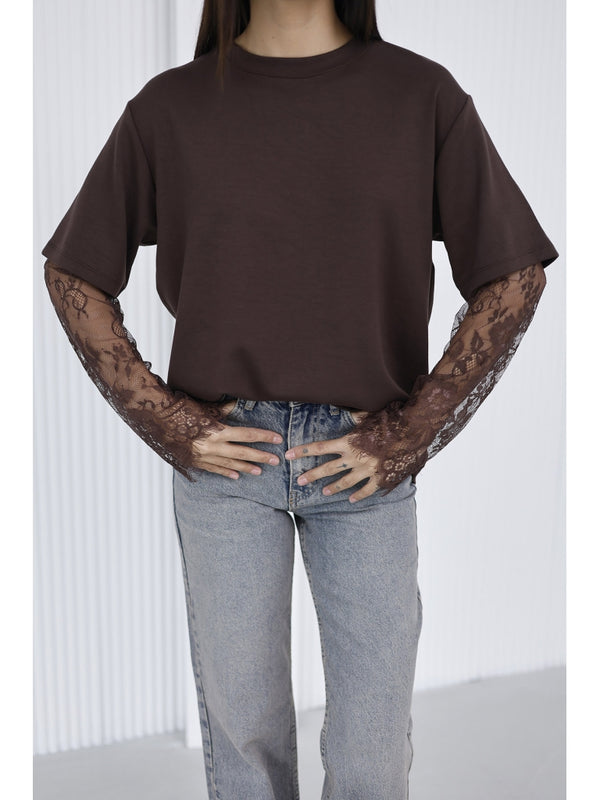 Kahverengi Güpür Kollu Bluz EY0302-Kahverengi