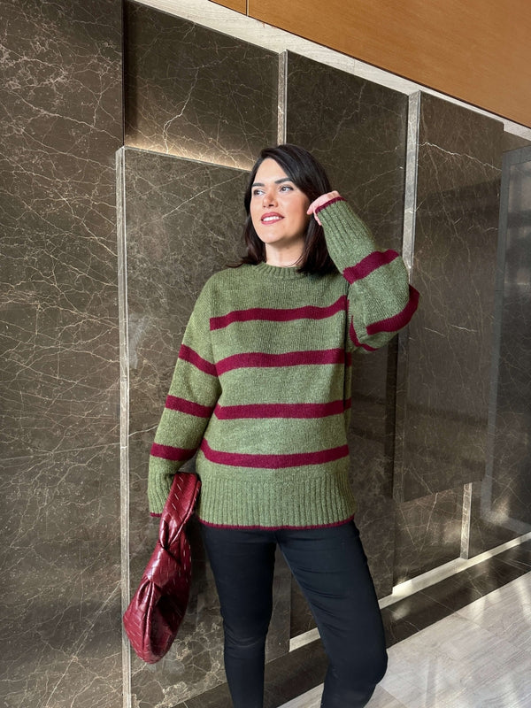 Yeşil Çizgili Oversize Kazak