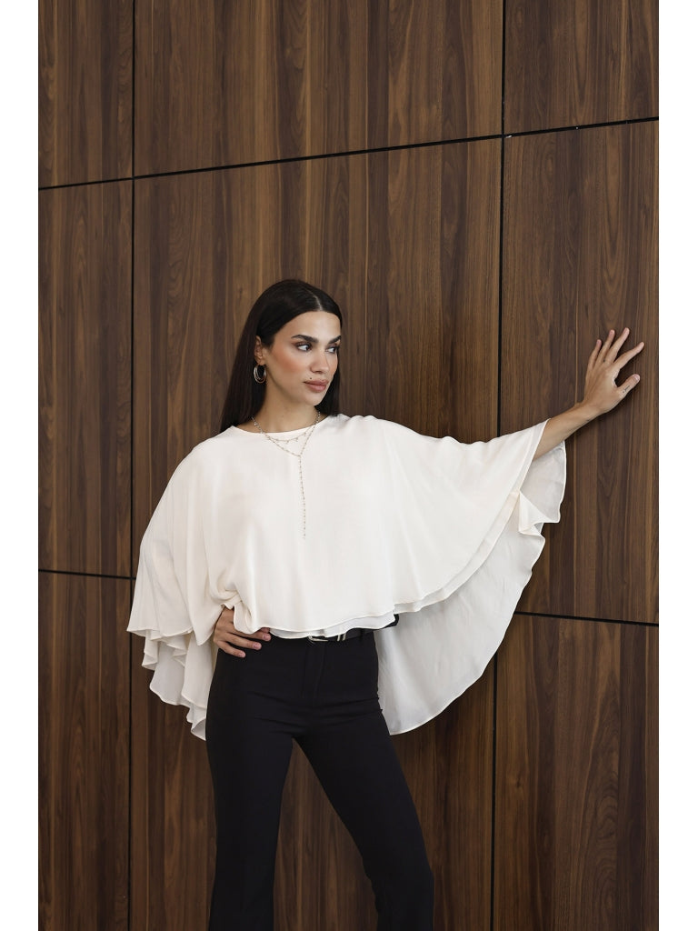 Ekru Pelerinli Bluz 5044-Ekru