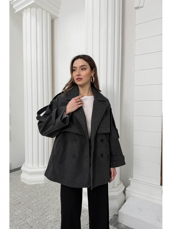 Antrasit Rebello Kuşaklı Kaşe Kaban 9669-Antrasit