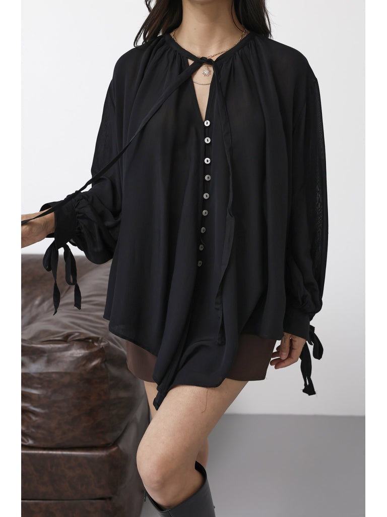 Siyah Yakası Fularlı Salaş Gömlek 4988-Siyah