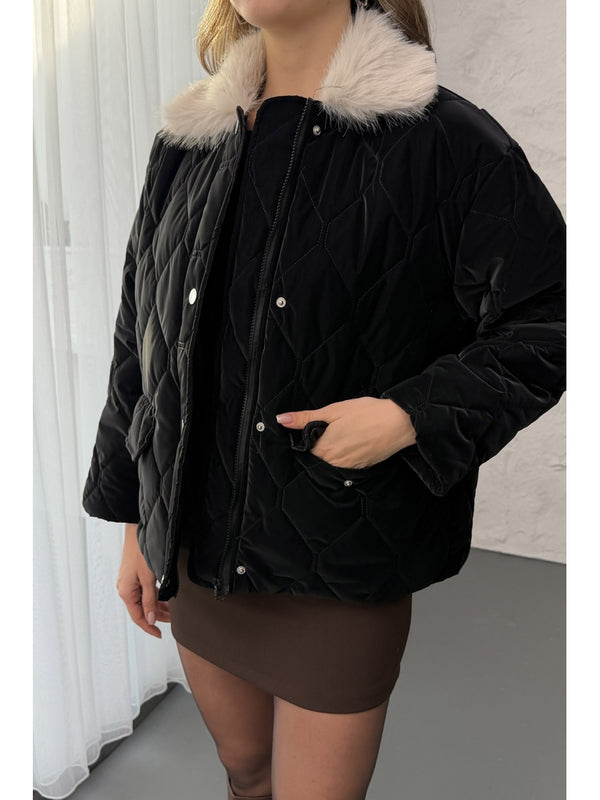 Siyah Yakası Kürklü Kapitone Mont 60559-Siyah