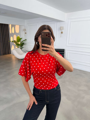 Kırmızı Puantiyeli Bel Büzgülü Tshirt 1105-Kırmızı