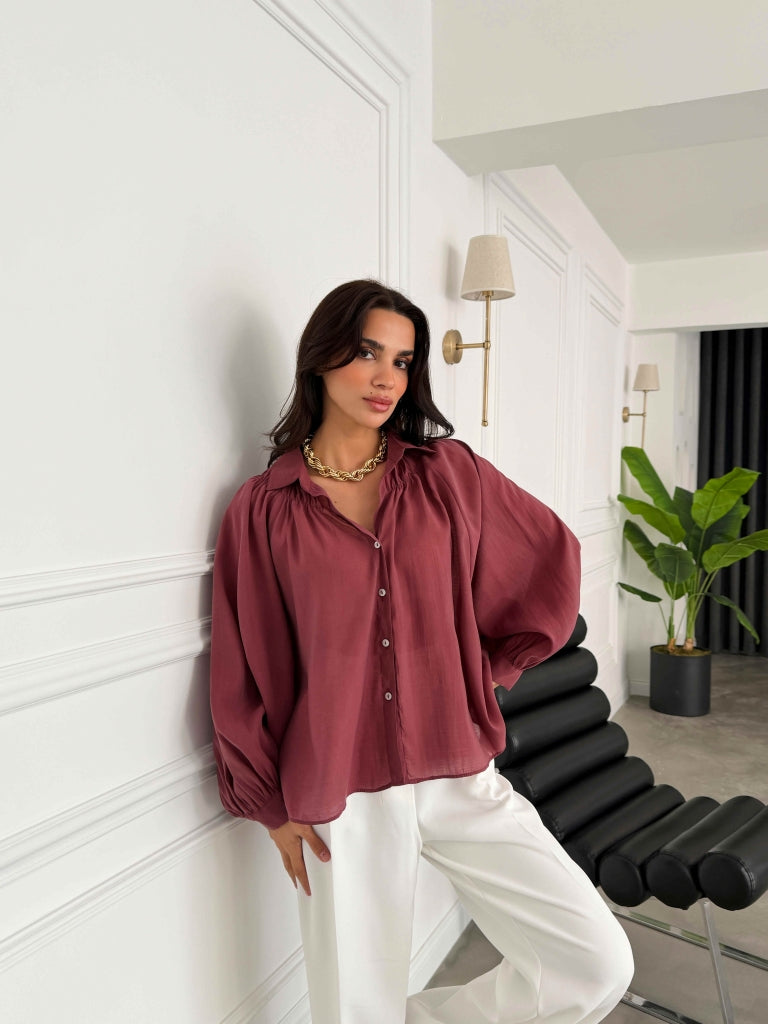 Bordo Yakası Lastikli Tencel Gömlek 5018-Bordo